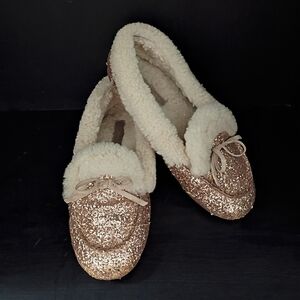 Gianni Bini Gold Glitter Loafers/Slippers with Sherpa Lining